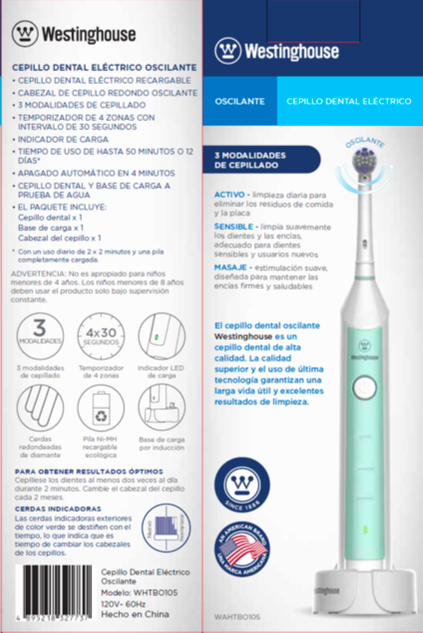 Westinghouse cepillo dientes eléctrico verde recargable premium WHTBO105