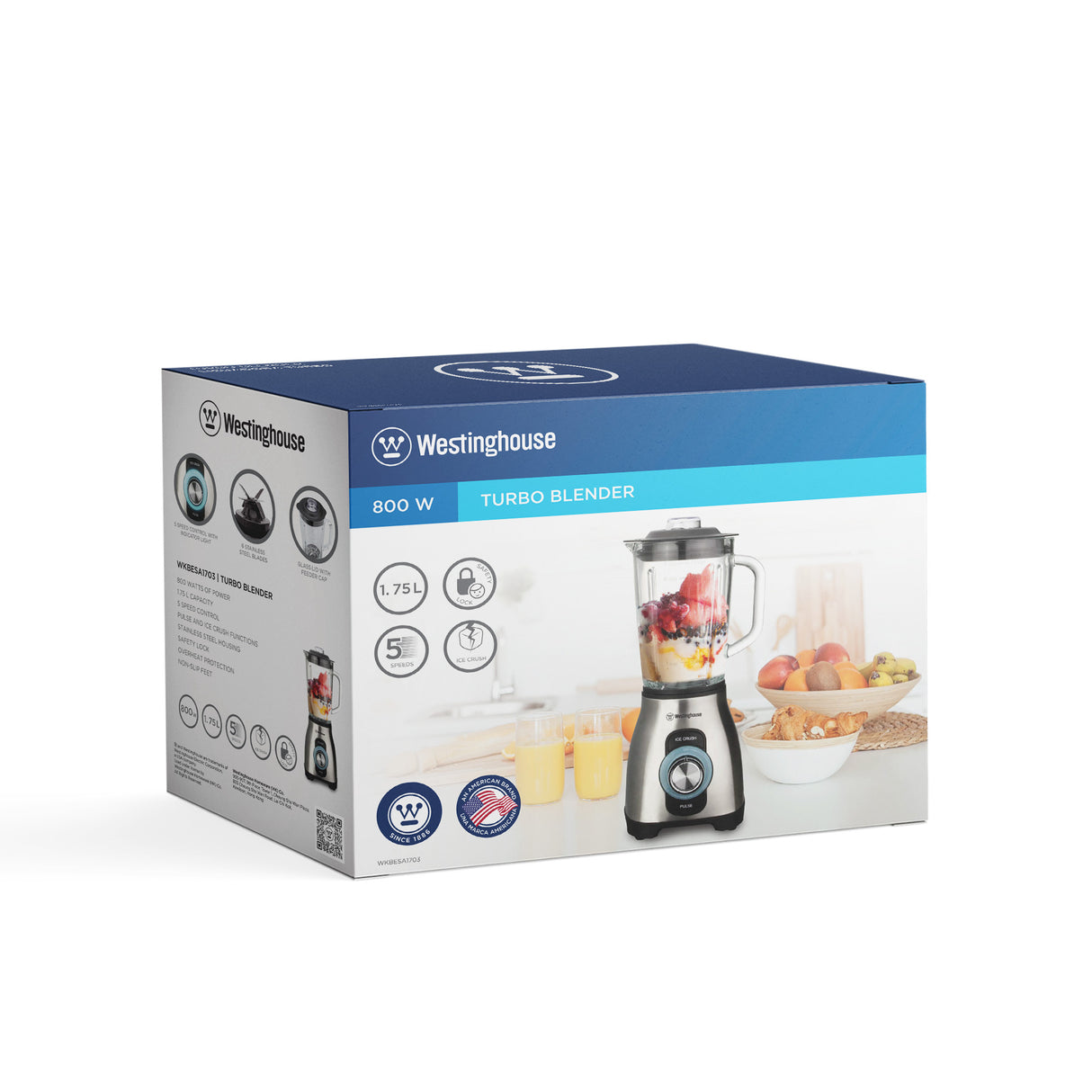 Westinghouse licuadora 800W vidrio 1.7L 5 veloc inox WKBESA1703