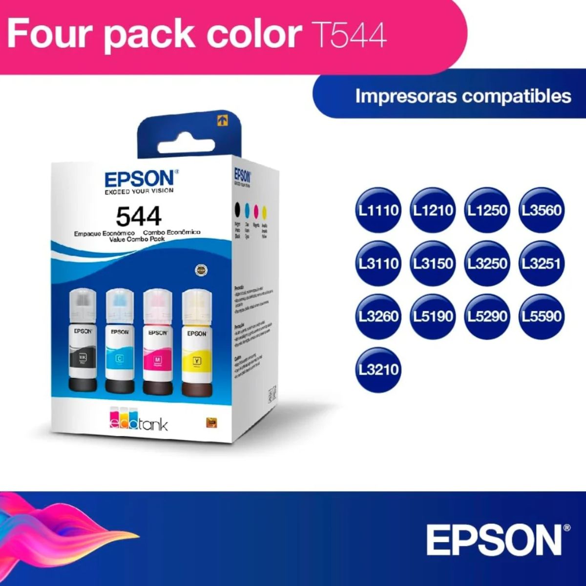 Epson botella de tinta T544 pack completo 4 Colores negro cian magenta y amarillo - T544520-4P