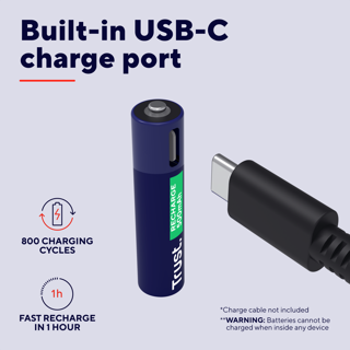 Trust pilas AAA recargables en USB-C azul - 25585